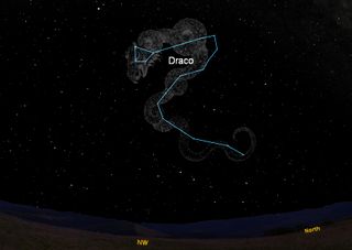This sky map shows the location of the Draco constellation in the night sky tonight at 9 p.m. local time as viewed from mid-northern latitudes. The annual Draconid meteor shower appears to radiate out of Draco each year.