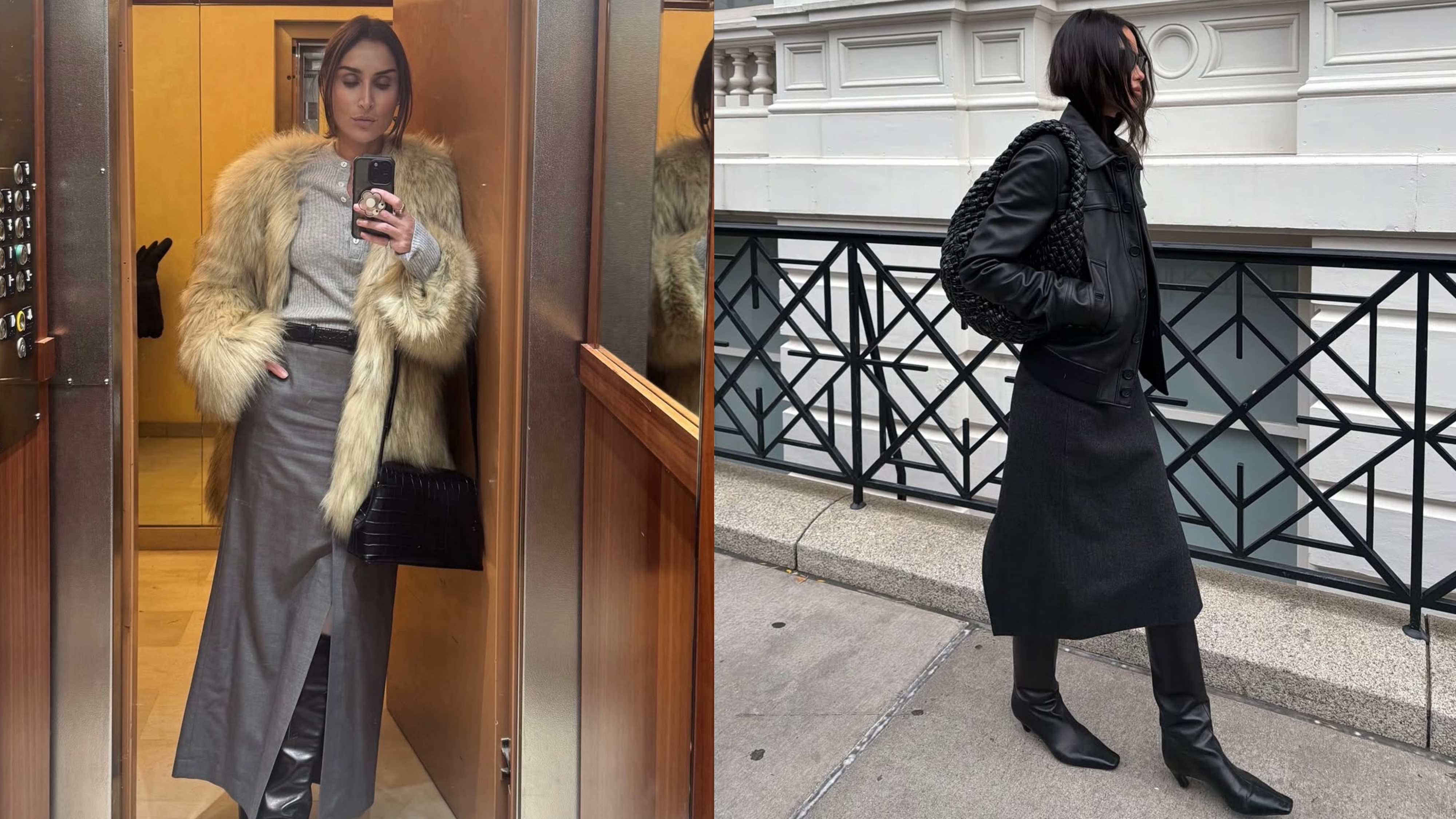 Two women wear boots and knee-length skirts