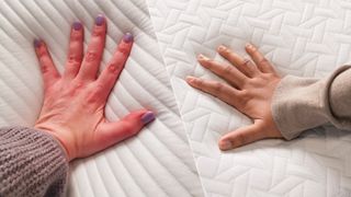 On the left, a hand presses into the surface of Tempur Material on the Tempur-Pedic Tempur-Adapt mattress. On the right, a hand presses into the surface of the memory foam top layer of the Nectar Premier Memory Foam Mattress