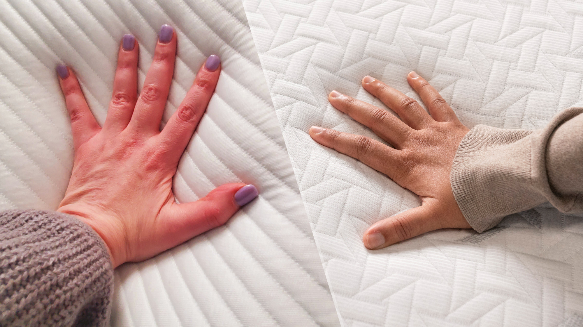 On the left, a hand presses into the surface of Tempur-Material on the Tempur-Pedic Tempur-Adapt mattress. On the right, a hand presses into the surface of the memory foam top layer of the Nectar Premier Memory Foam Mattress