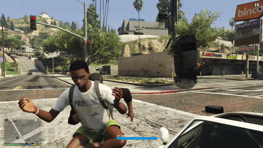 Franklin, carrying a meditating, gets crushed by three cars in sequence. The man is undisturbed.