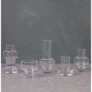 set of five mini clear glass vases with different square-edged shapes