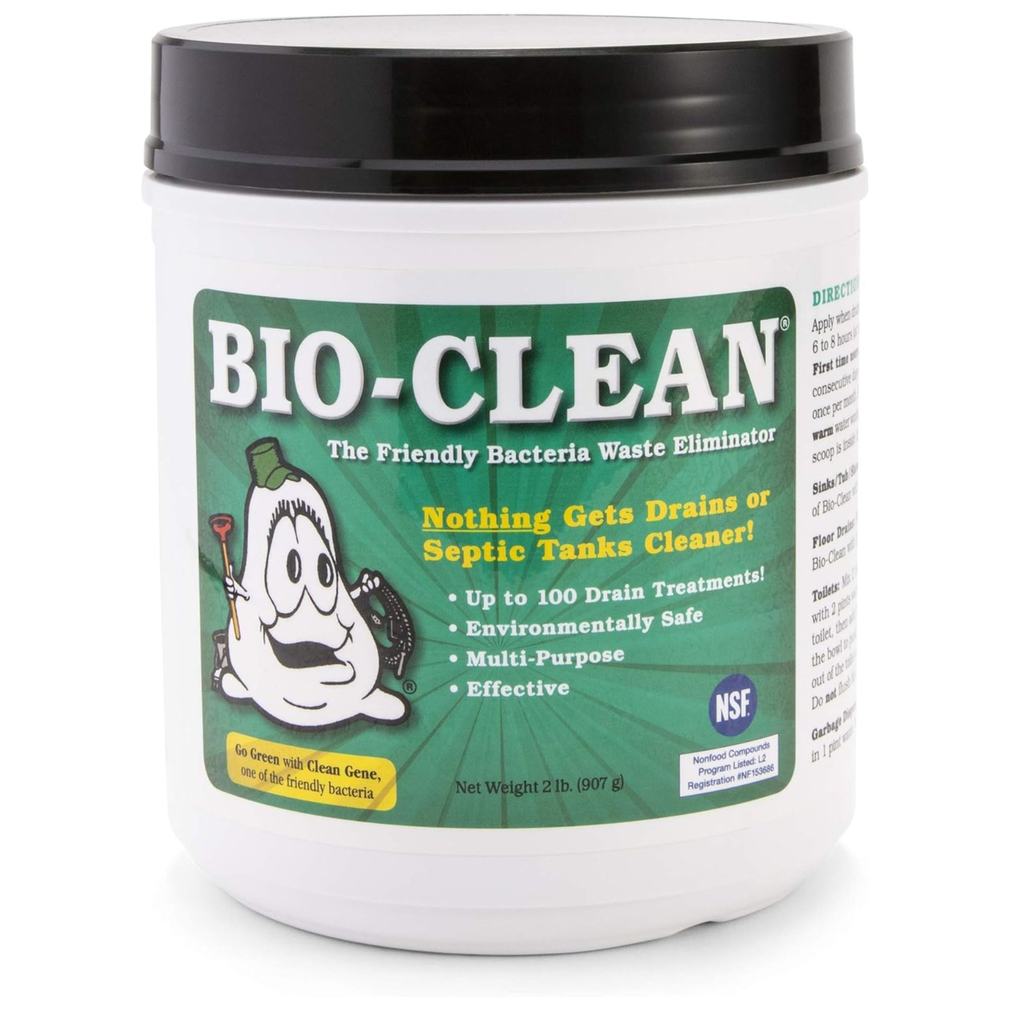 A white tub of drain cleaner with a green label and black lid