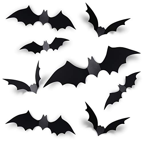 Coogam 60pcs Halloween Bats Decoration, 4 Different Sizes Realistic Pvc Black 3d Scary Bat Sticker for Home Decor Diy Wall Decal Bathroom Indoor Hallowmas Party Supplies