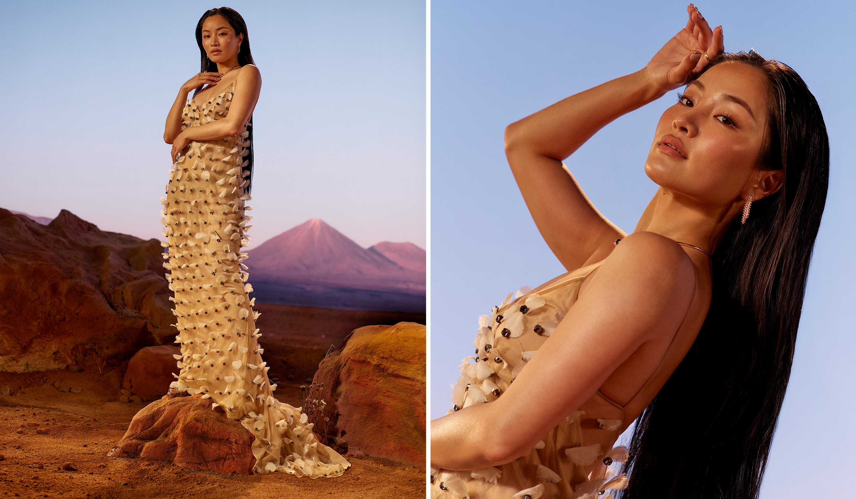 Two portraits of Anna Sawai wearing a floor-length embellished cream dress against a desert backdrop.
