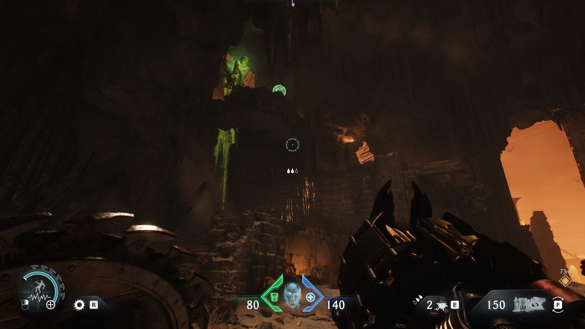 Doom: The Dark Ages The Forsaken Plains secrets and collectibles - A shield jump point on a small ledge of an old ruin inside a cave.