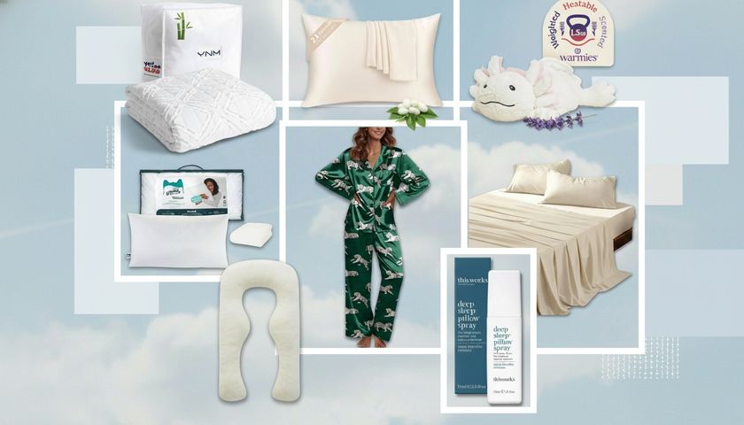 A collage of different sleep products that are perfect gifts for those who don&#039;t want to leave bed, all set against a background of white clouds against a pale blue sky