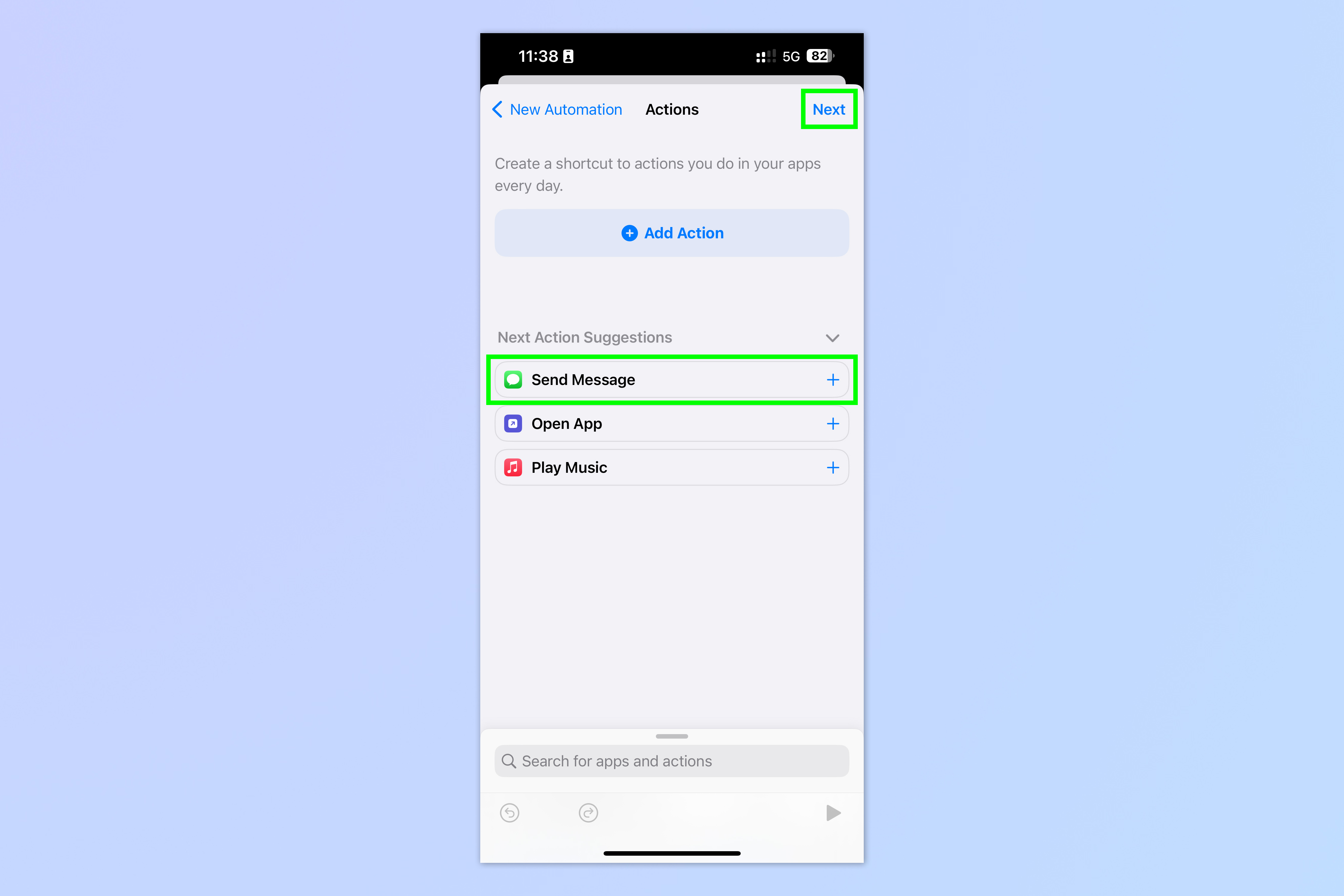 Скриншот, показывающий, как запланировать текстовое сообщение на iPhone