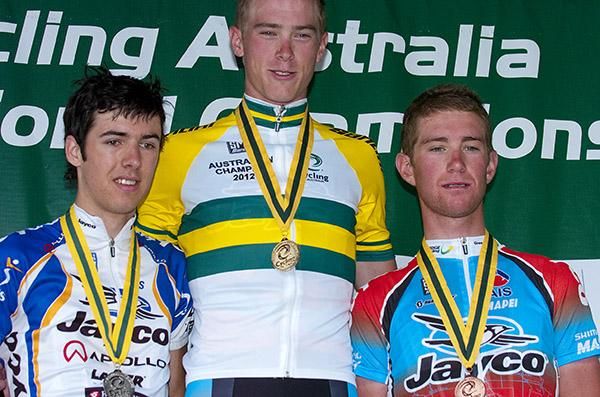 The men's under 23 podium (l-r): Eric Sheppard (2nd,VIC), Rohan Dennis (1st,SA) and Calvin Watson (3rd,VIC)