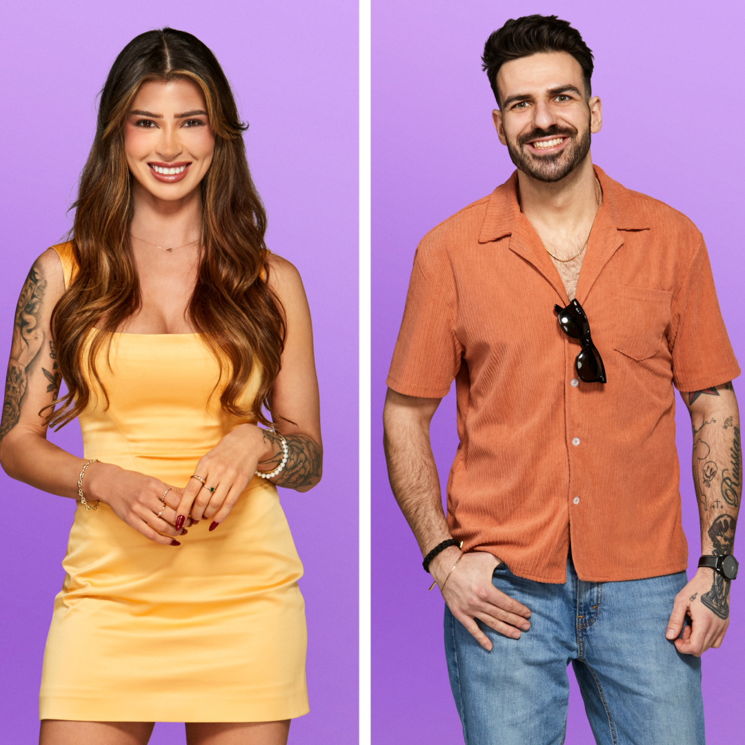 a split image of love is blind season 9 stars ali and anton