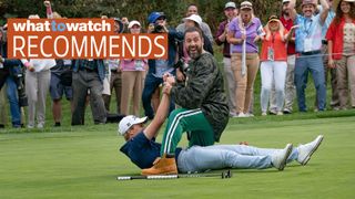 Will Zalatoris and Adam Sandler in Happy Gilmore 2 with What to Watch Recommends logo in to left corner