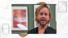 hairdresser michael douglas pictured talking in front of a green wall beside illustrations of polaroid photos and a hand holding a phone