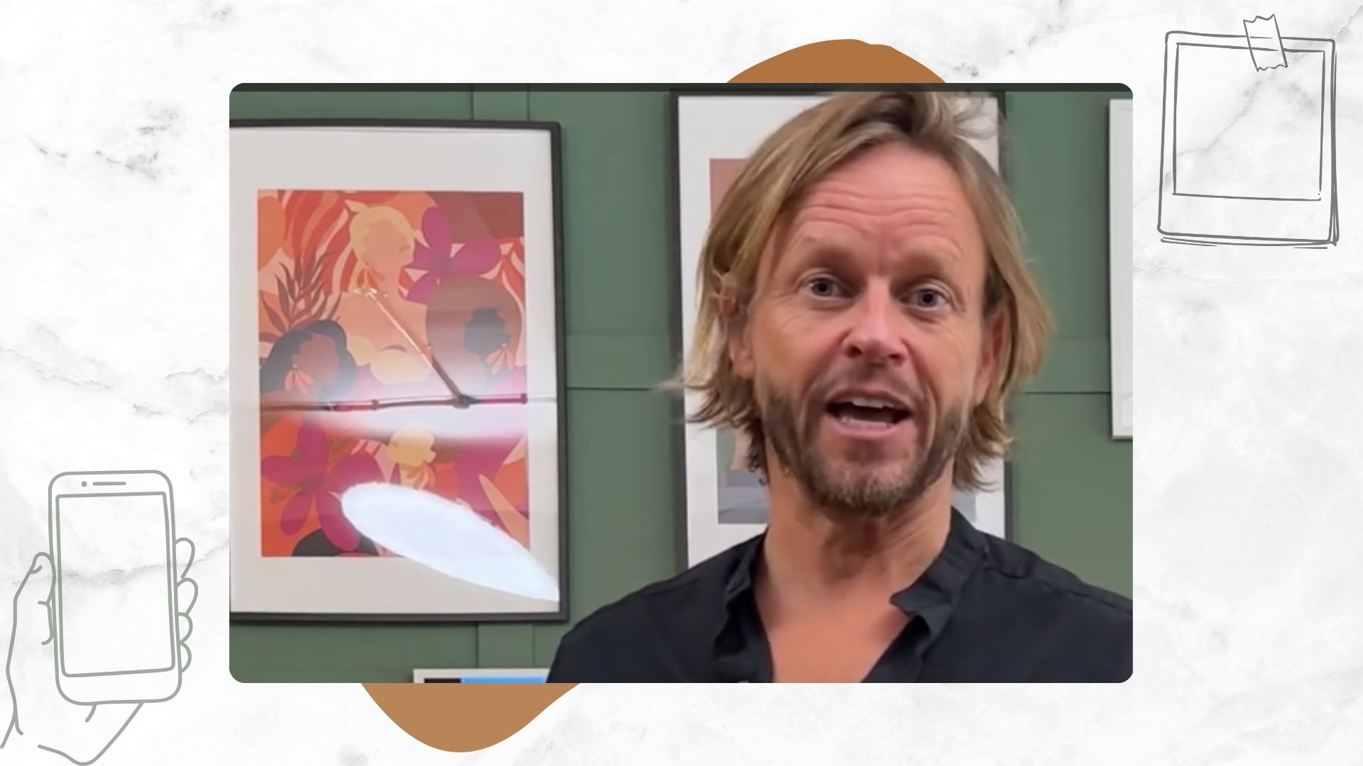 hairdresser michael douglas pictured talking in front of a green wall beside illustrations of polaroid photos and a hand holding a phone
