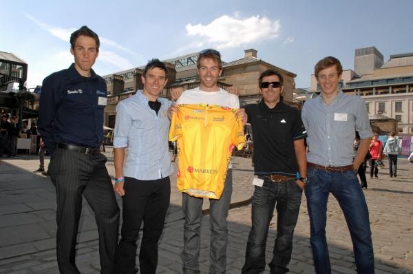 Alex Dowsett holds the Tour of Britain gold leaders&rsquo; jersey. The riders left to right are: James Sparling (Raleigh); Dean Downing (Rapha Condor Sharp); Alex Dowsett (Team Sky); Russell Downing (Team Sky); James Moss (Endura).