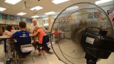 A fan circulates air in a classroom at East Earl Elementary in Pennsylvania.