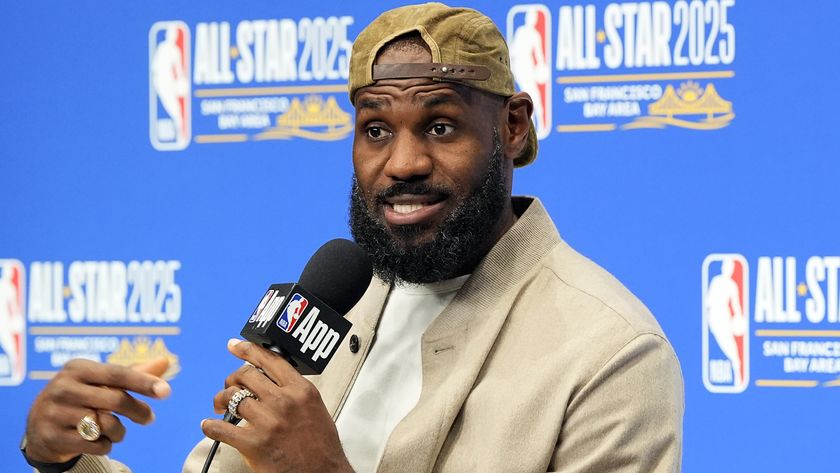 SAN FRANCISCO, CALIFORNIA - FEBRUARY 16: Lebron James #23 of the Los Angeles Lakers and Shaq's OGs speaks to media in a press conference during the NBA All-Star Game (Photo by Thearon W. Henderson/Getty Images)