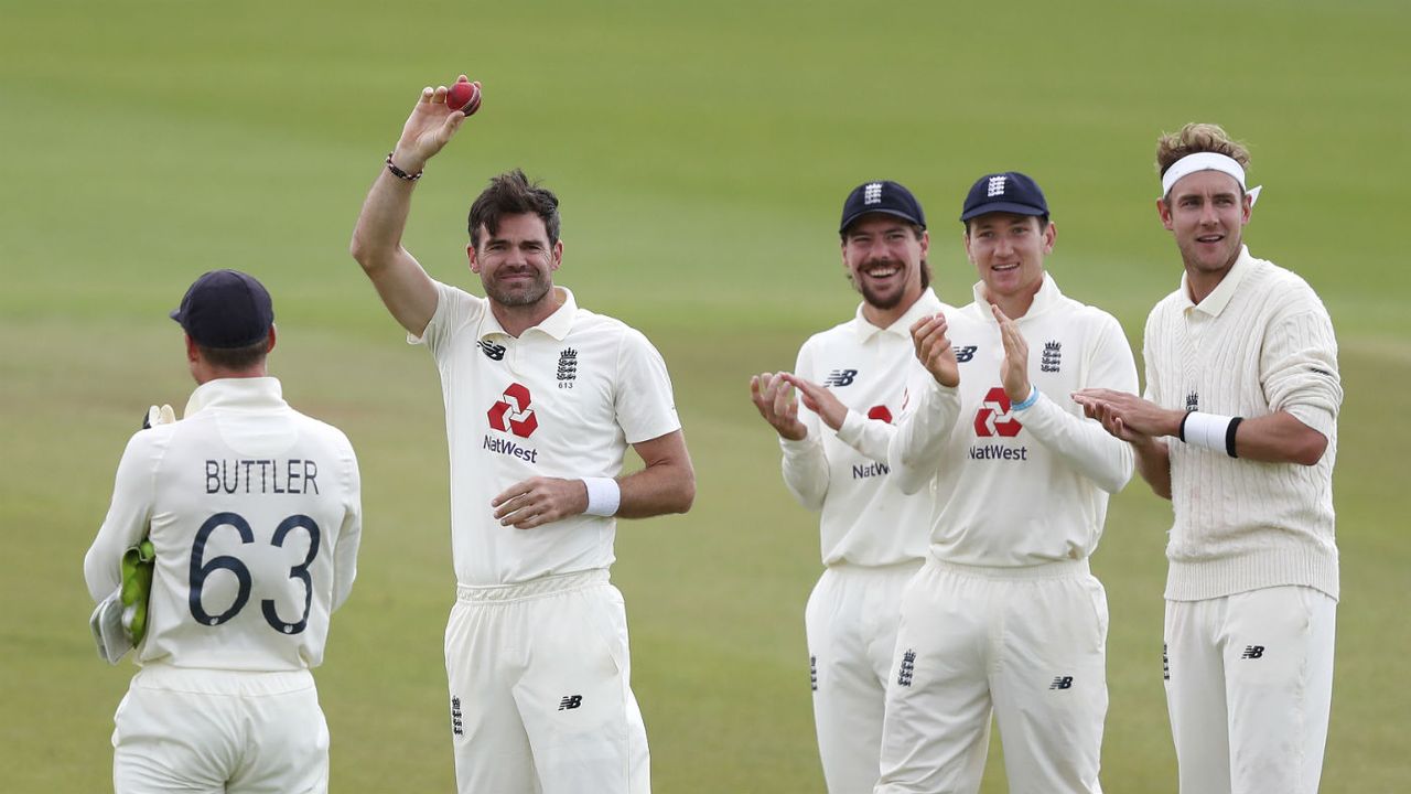 England bowler James Anderson celebrates taking his 600th Test wicket 