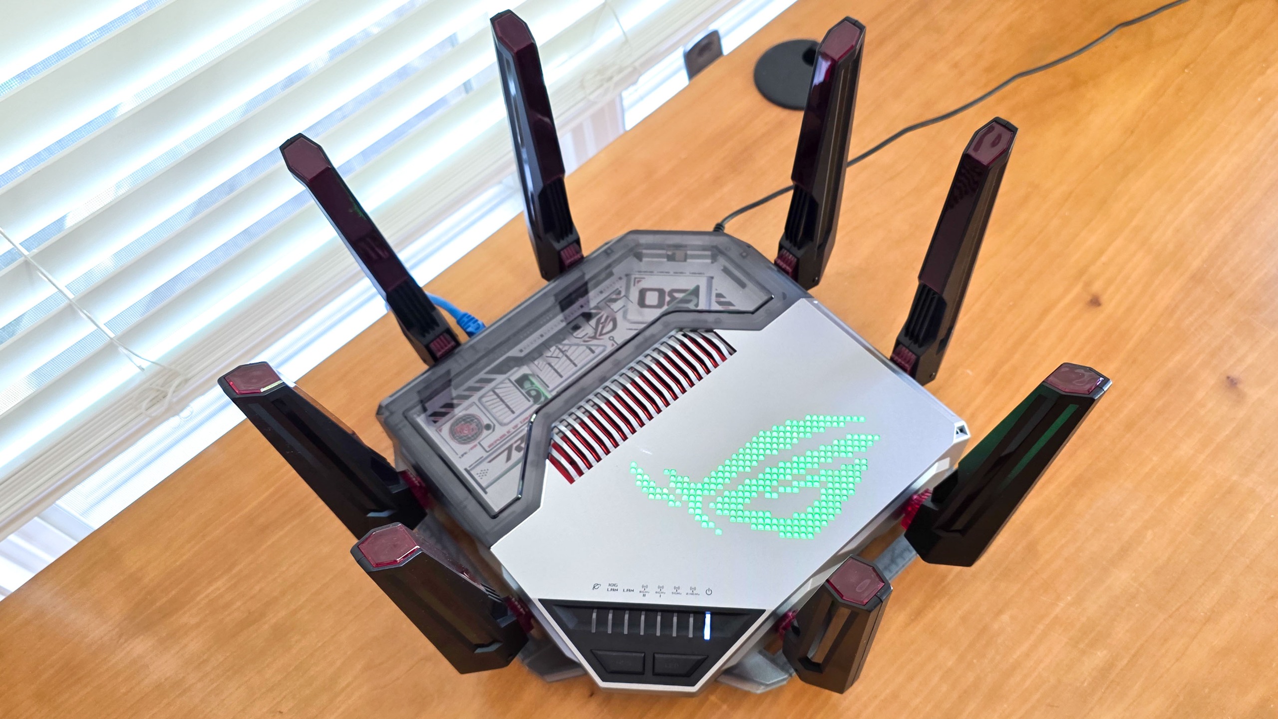 The Asus ROG Rapture GT-BN98 Pro gaming router plugged in and turned on