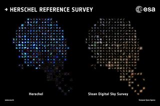 A sample of galaxies studied by the ESA's Herschel space observatory. Images on the left are shown in the infrared and submillimeter wavelengths. Images on the right, taken by the Sloan Digital Sky Survey (SDSS) show the galaxies in visible wavelengths.