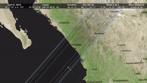 This visualization closely follows the Moon's umbra shadow as it crosses North America during the April 8, 2024 total solar eclipse. It covers the one hour and 50 minutes between 10:57 a.m. Pacific Standard Time and 4:47 p.m. Atlantic Daylight Time. Annotations include a running clock and the location of the center of the shadow. Everyone within the dark oval sees totality.