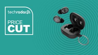 The JLab JBuds Mini on a blue background with text saying Price Cut.