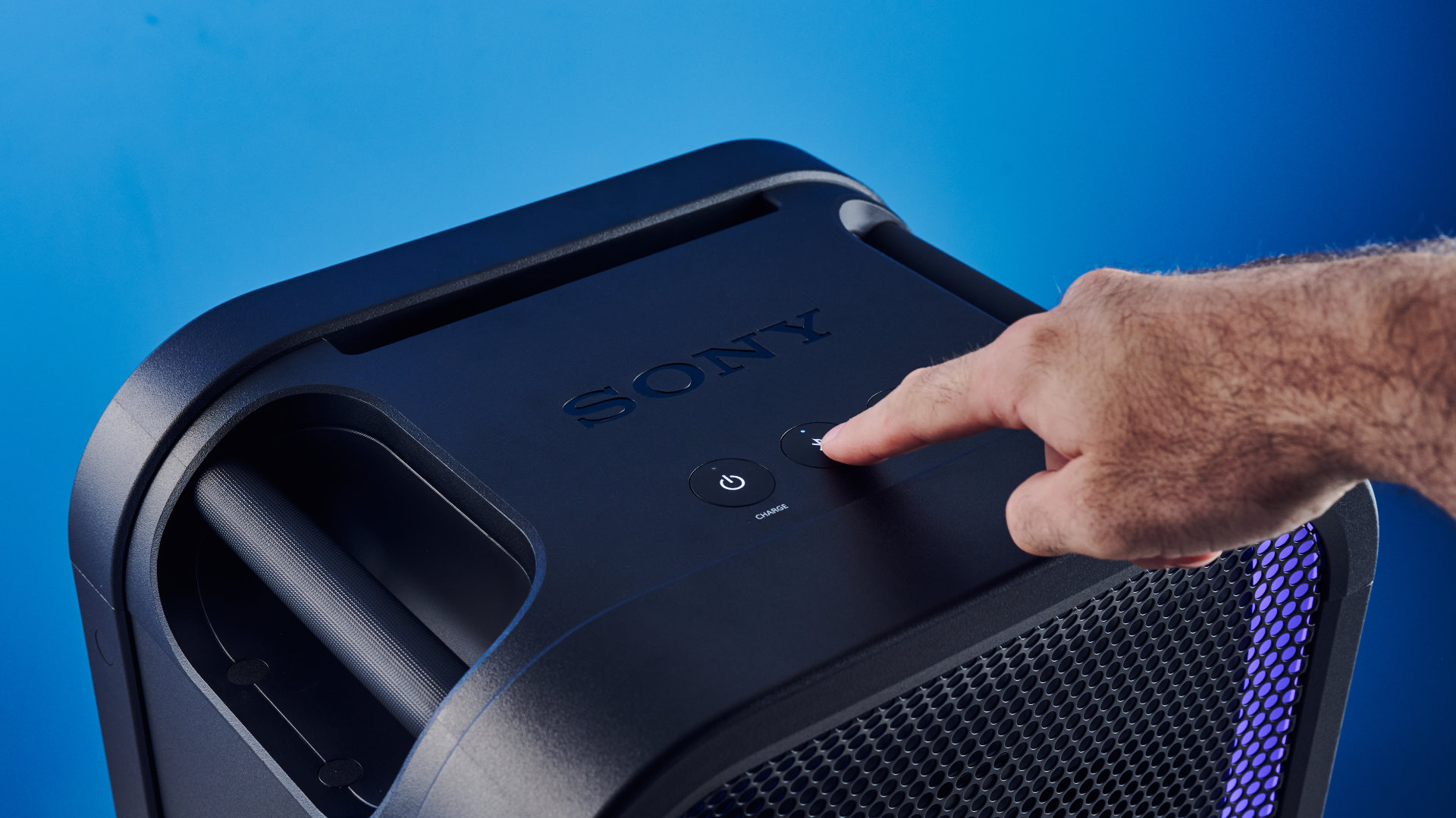 A black Sony ULT Tower 5 portable party speaker