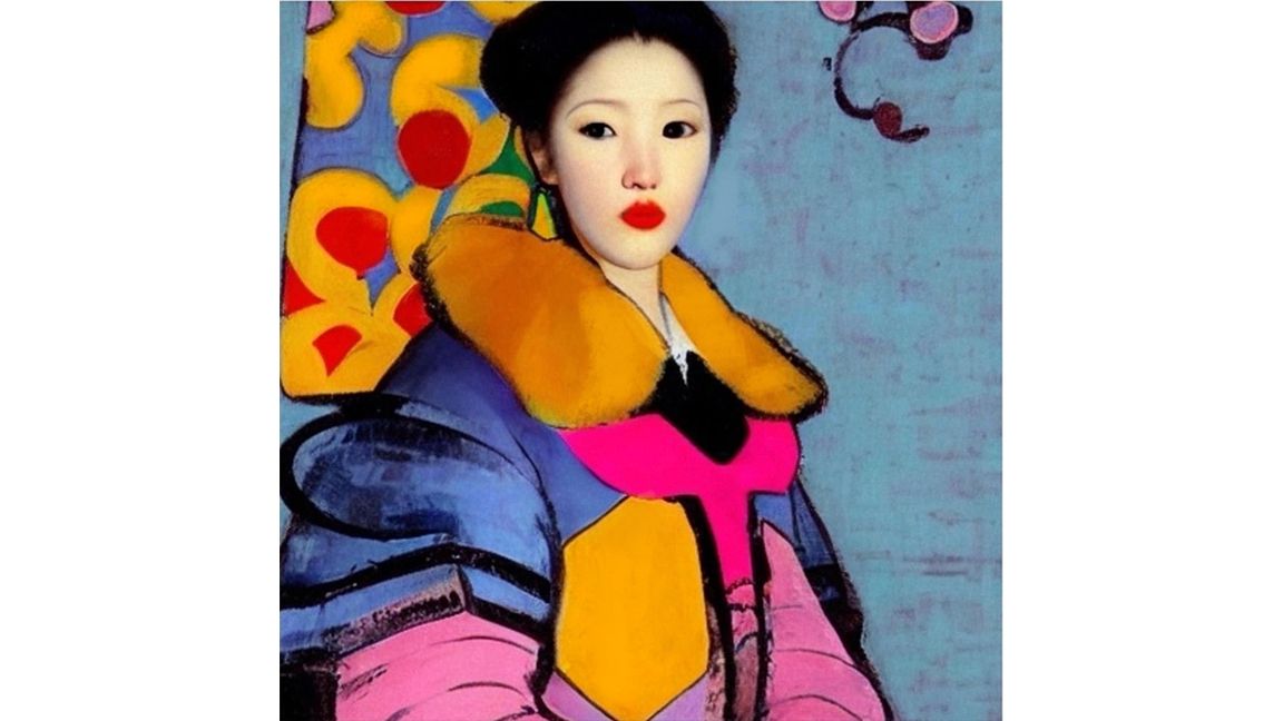 portrait painters; a woman wears a colourful coat