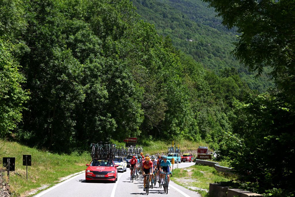 VALLOIRE FRANCE JULY 02 LR Alexander Kristoff of Norway and Team UnoX Mobility Cees Bol of Netherlands and Astana Qazaqstan Team and a group of riders dropped from the peloton during the 111th Tour de France 2024 Stage 4 a 1394km stage from Pinerolo to Valloire UCIWT on July 02 2024 in Valloire France Photo by Dario BelingheriGetty Images