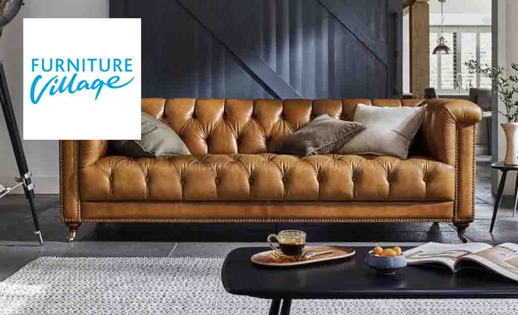 Furniture Village logo placed over an image of a brown leather sofa