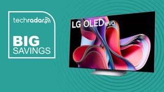 LG G3 OLED TV on blue background with TechRadar logo and "Big Savings" text