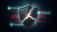 Abstract fractured shield with generic security icons representing VeraCrypt, WireGuard, and Windscribe losing access.