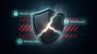 Abstract fractured shield with generic security icons representing VeraCrypt, WireGuard, and Windscribe losing access.