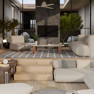 Modern contemporary and comfortable home living room with comfy couch, sunken lounge