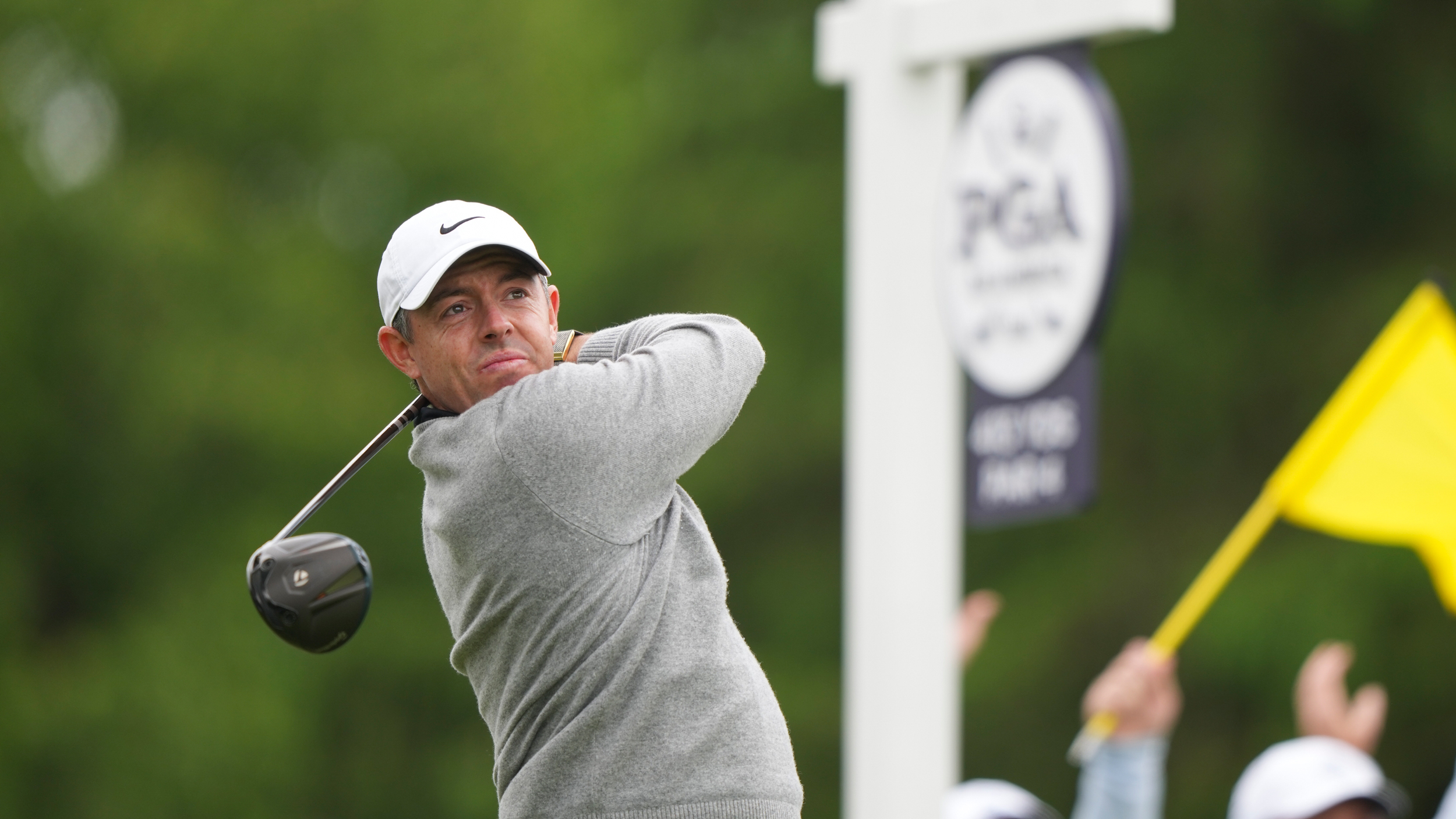 Rory McIlroy holds his finish on a drive at the PGA Championship