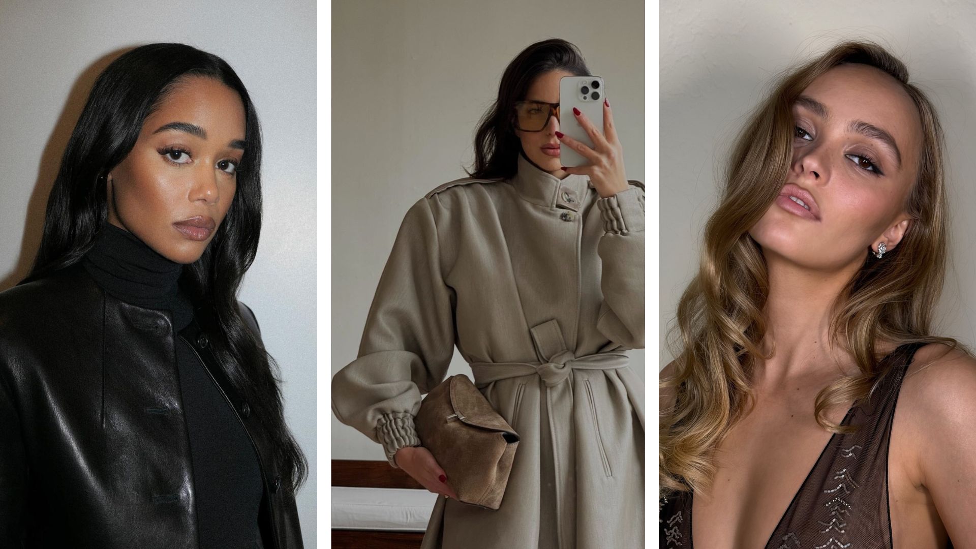 a photo of Laura Harrier, alongside a photo of @bettinalooney taking a seflie in a mirror and a photo of Lily-Rose Depp