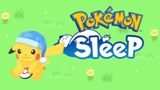 A sleepy Pikachu and a Pokémon Sleep logo against a green grassy background
