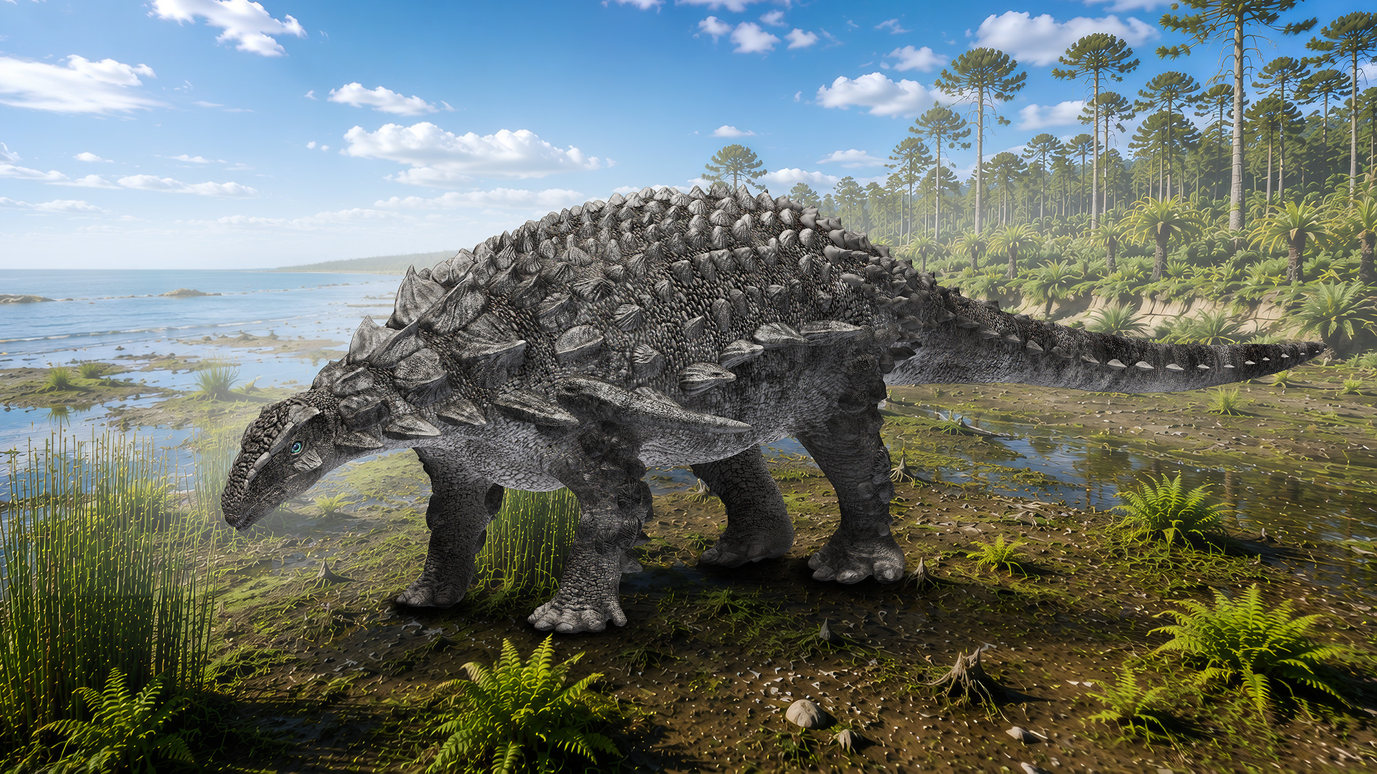 An illustration of a four-legged armored dinosaur standing next to a pond.