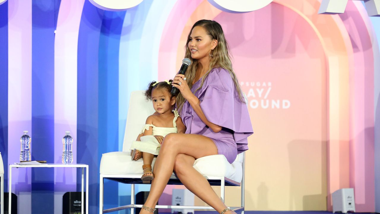 new york, new york june 23 luna legend joins chrissy teigen onstage during popsugar playground at pier 94 on june 23, 2019 in new york city photo by monica schippergetty images for popsugar and reed exhibitions