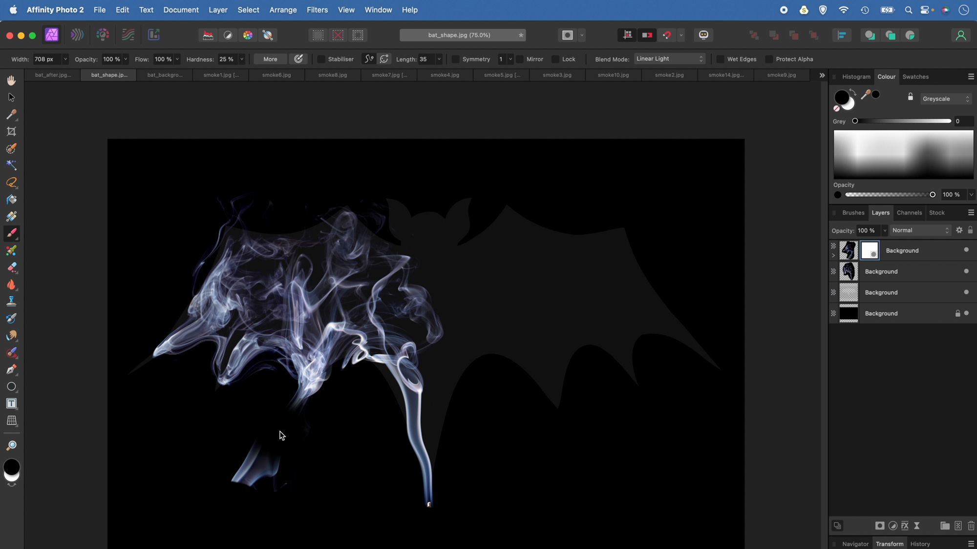 It's then just a case of repeating this process until you've filled in half of the bat shape with smoke using Affinity's Liquify tool