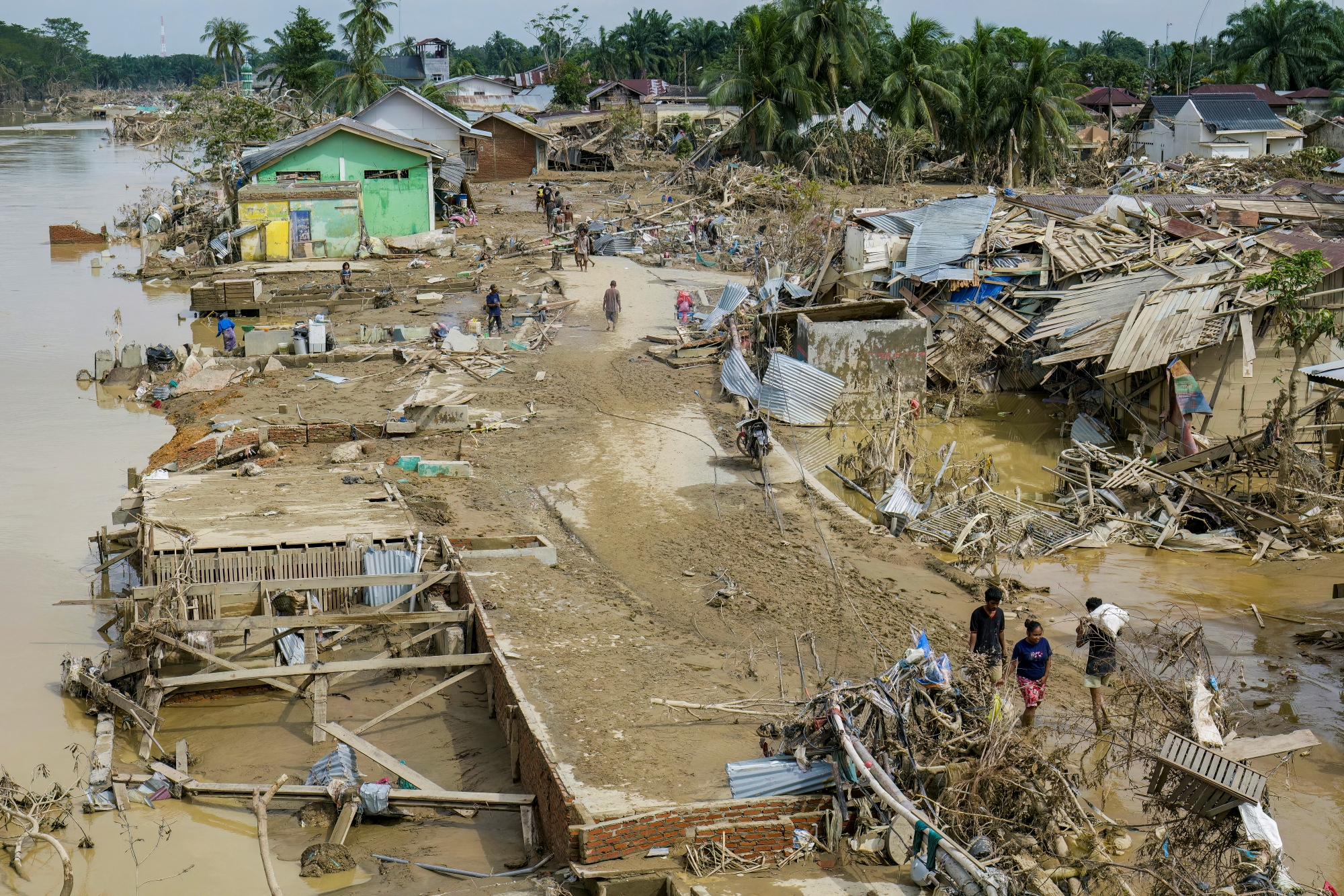 An aerial photo of flood damaged Kuala Simpang village in North Sumatra on Dec. 2.