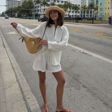 Lison Sebellin wearing a yellow linen coord