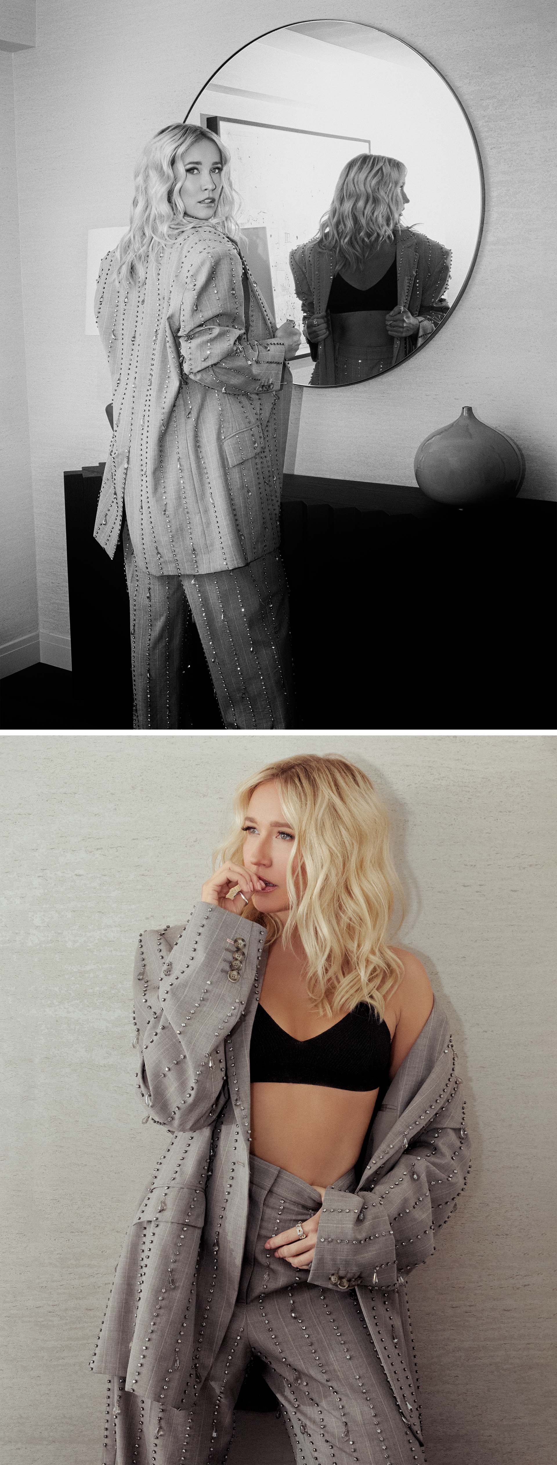 a split image of actress anna camp posing in a grey suit