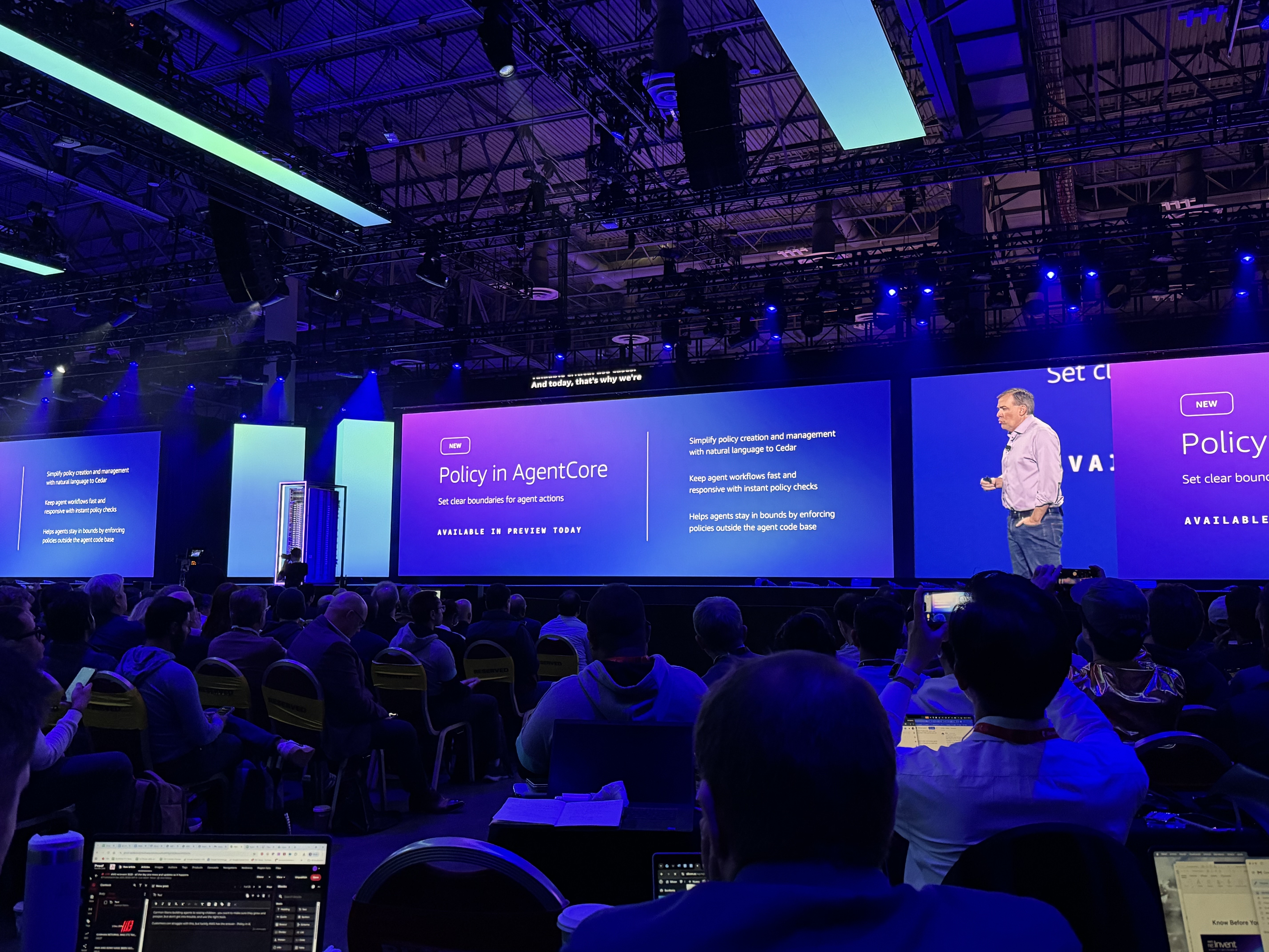 Policy in AgentCore promotional slide on stage at AWS re:Invent 2025.