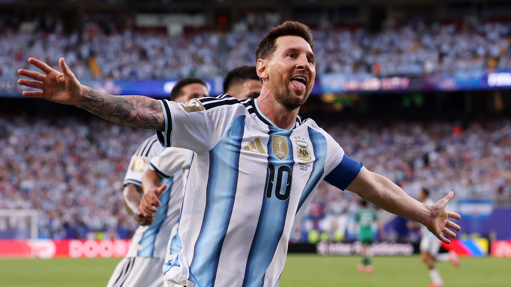 Lionel Messi of Argentina celebrates scoring his team's first goal during the FIFA World Cup 2026 match between Argentina and Algeria at Kansas City Stadium in Kansas City, Missouri
