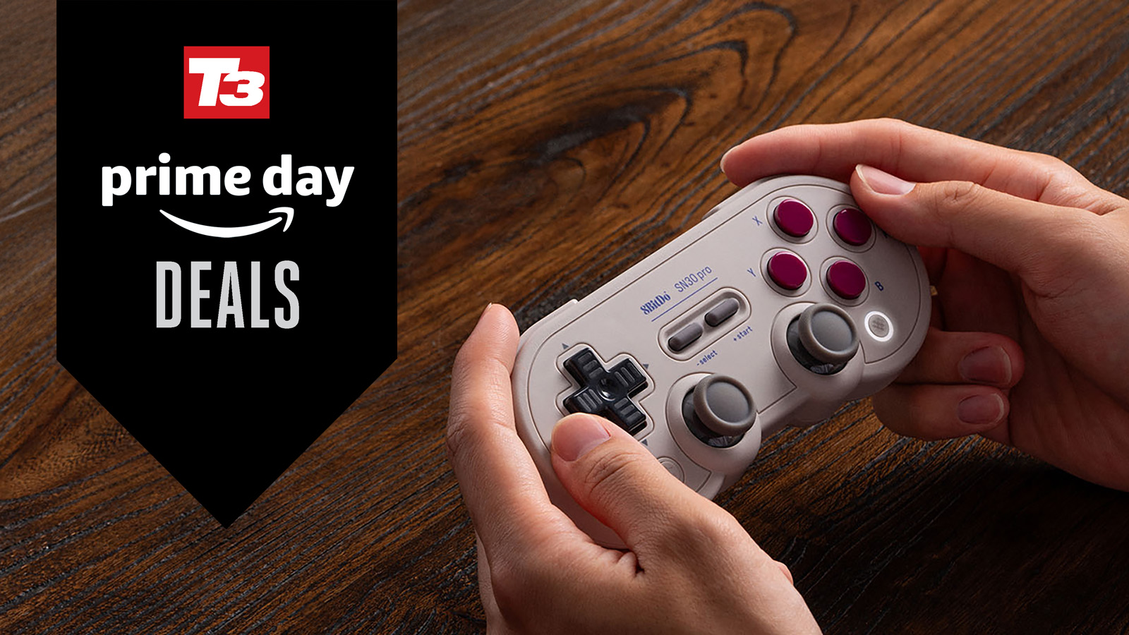 8BitDo SN30 Pro deal (in hands on desk)