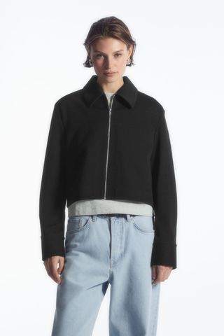 Cropped Twill Zip-Up Jacket