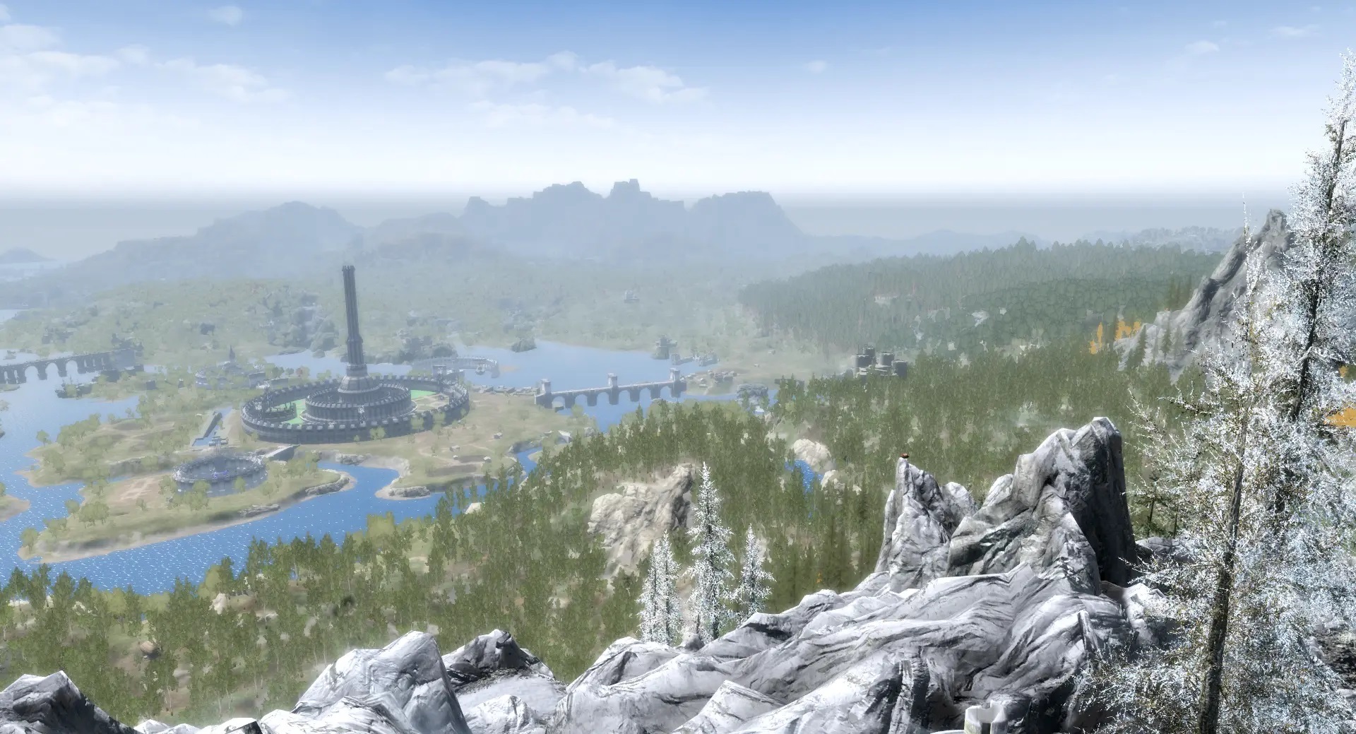 vista panorámica de la provincia de Cyrodil con la ciudad imperial vista en el registro de Skyrim