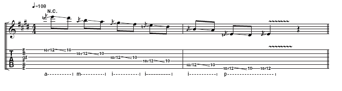 Example 3: Use the picking technique outlined in Ex2 to play this but, as Landreth points out, "Drag your fingers behind the glass to mute as well - that's a basic technique of slide. The combination of trailing fingers with fingerguarding really cleans it up."