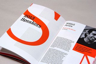This brochure for the 2013 9U Conference, designed by Raewyn Brandon and Matias Corea, uses bold red (Pantone 805 U) on white paper giving a light feel with a strong visual impact