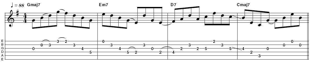 Ex 2: Example 2 demonstrates how the harmony becomes much closer when we add 7ths to the chord sequence.